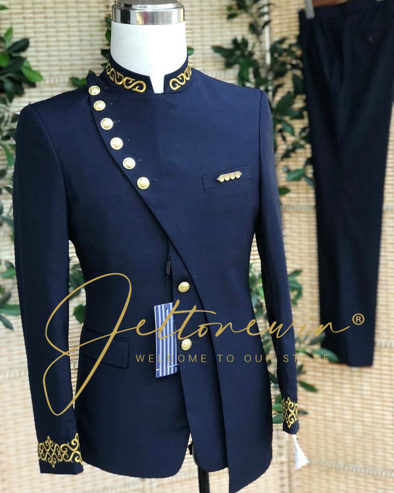 Men Formal Wear Blue - Altın İşlemeli ve Asimetrik Yaka Detaylı,