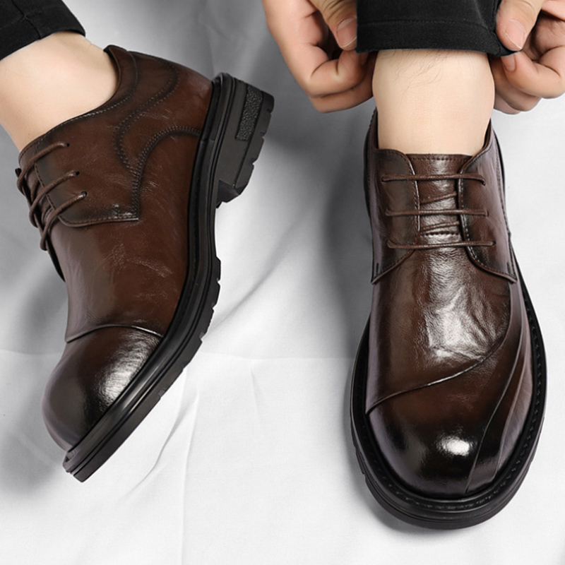 Men'S Formal Wear For A Wedding - Kahverengi Parlatılmış Hakiki Deri Bağcıklı Kalın