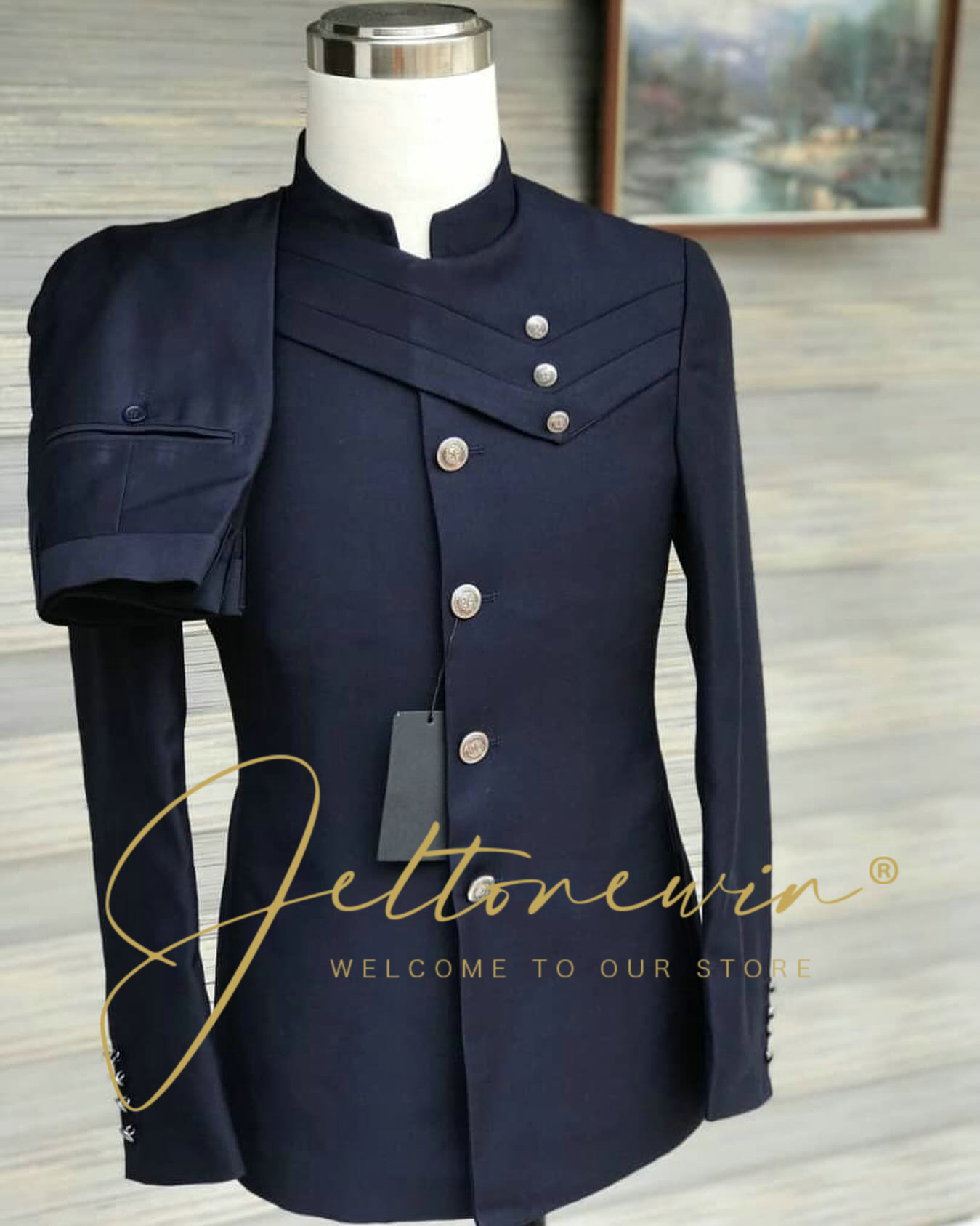 Men Formal Wear Blue - Askeri Tarzı Dik Yaka ve Çapraz